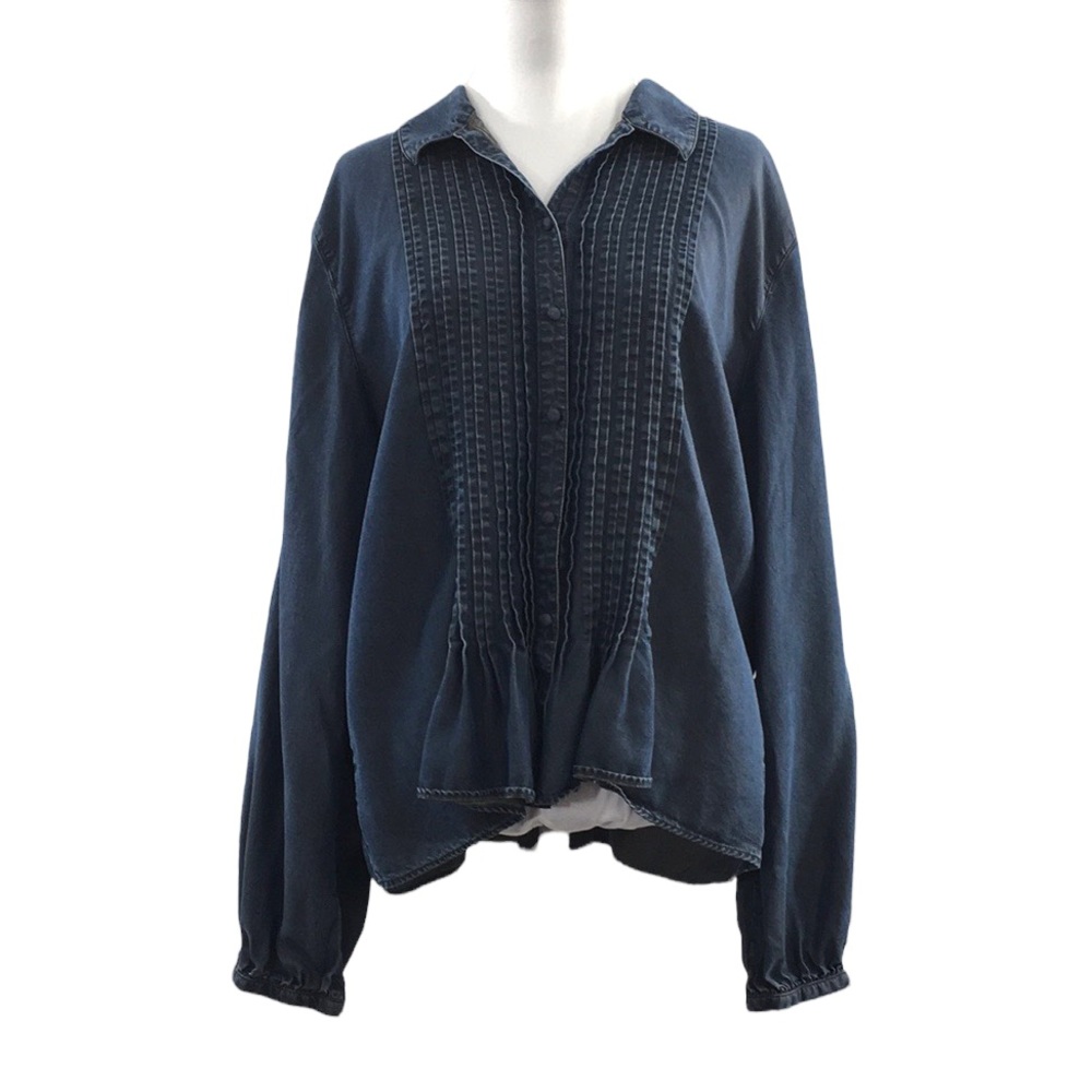 J.Jill Blue Button Front Chambray Shirt Womens XL Pleated Dark Wash Pintuck